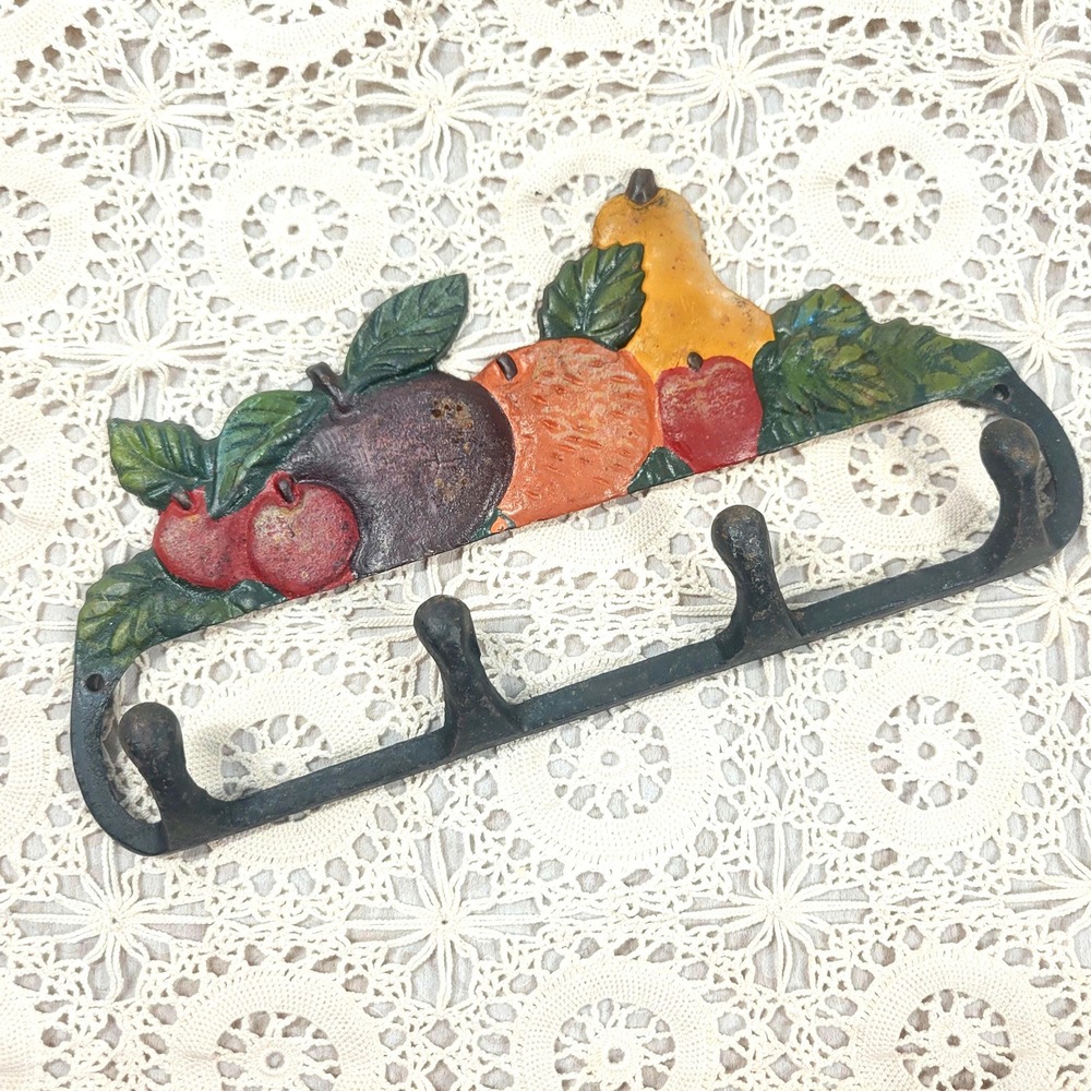 Vintage Cast Iron Fruit Key Hook Rack Kitchen Wall Hanger 4 Hooks